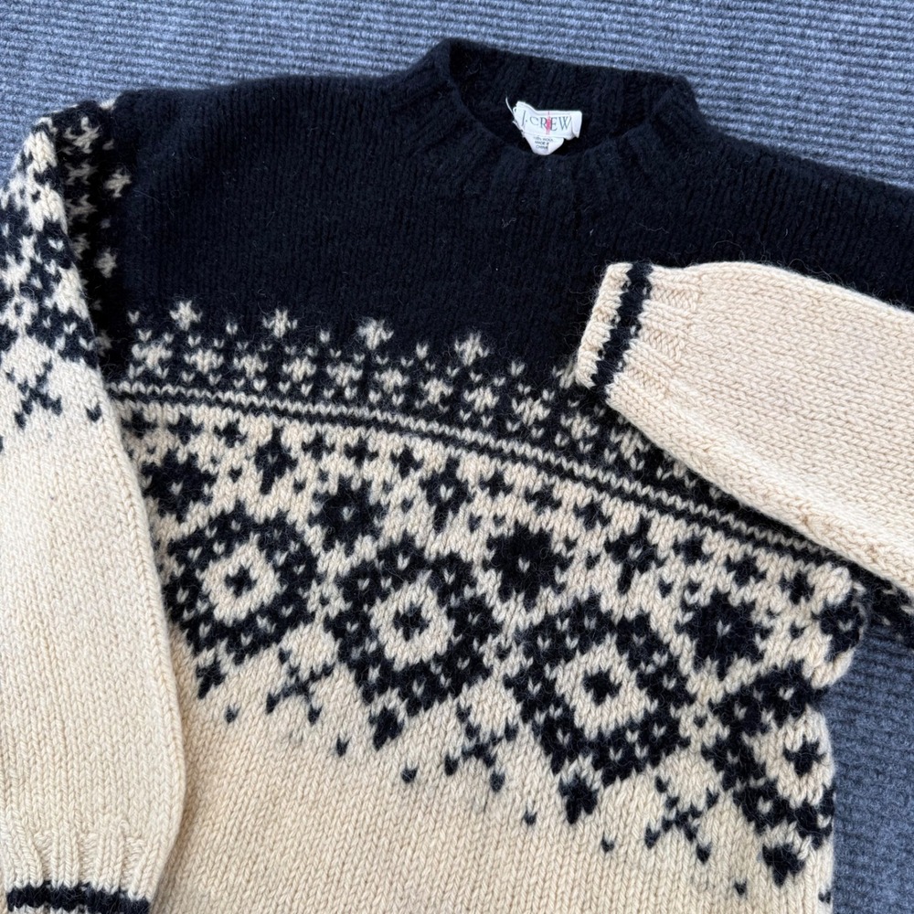 J. Crew Vintage 100% Wool Fair Isle Sweater Black Tan Nordic Knit Pullover